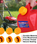 Red gas can with Six Pack 5 Gallon Gas Can Caps, Universal Coarse Thread Replacement Lids For Gasoline near a lawn mower