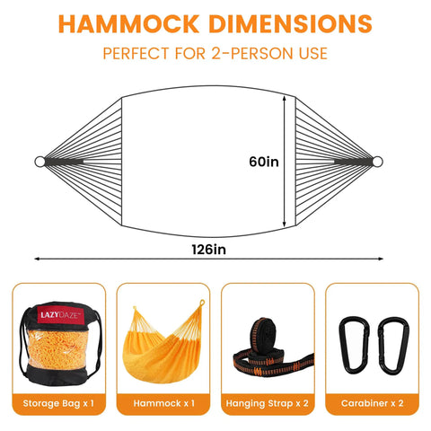 Diagram and accessories of Extra Large Mayan Hammock With Soft Rope Comfort, 156 Inch Wide Outdoor Swing Bed for two persons.