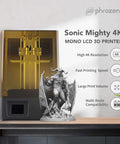 Sonic Mighty 4K Resin 3D Printer With Monochrome 9.3 Inch LCD beside printed miniature figure
