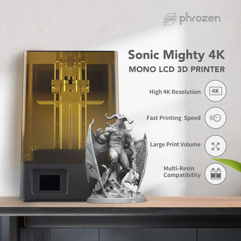 Sonic Mighty 4K Resin 3D Printer With Monochrome 9.3 Inch LCD beside printed miniature figure