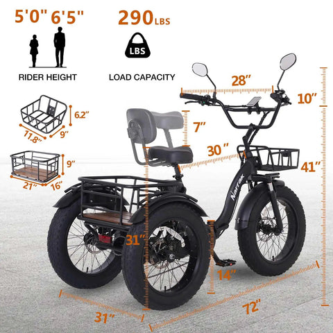 Dimensions of Fat Tire Electric Tricycle For Adults Foldable Three Wheel E Trike With Removable Battery And Large Basket 750W Motor