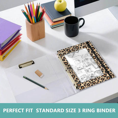 Zippered Leopard Print Coupon And Card Organizer for school supplies clipped into a 3 ring binder on a desk