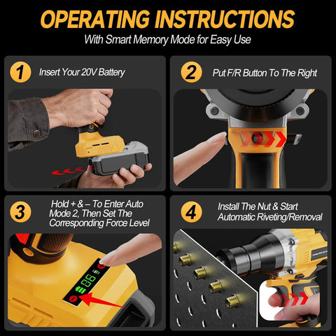 Cordless Rivet Nut Gun For 20V Max Batteries Tool Only operation instructions in four steps with Auto Mode and Memory Mode