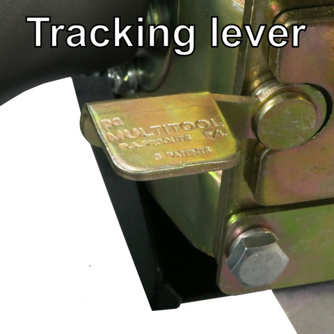 Level Up Your Garage Operation With This Hardcore One Horsepower Belt Sander And Bench Grinder Combo Tracking lever detail.