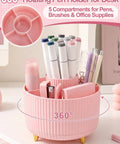 Nine Piece Cute Pink Desk Accessories Set For Women With 360 Degree Rotating Pen Holder showing pens and items