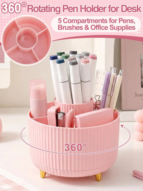 Nine Piece Cute Pink Desk Accessories Set For Women With 360 Degree Rotating Pen Holder showing pens and items