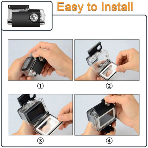Installation of Ultra Durable Waterproof Housing Case for Action Camera Hero 5 6 7 Black, showcasing step by step procedure.