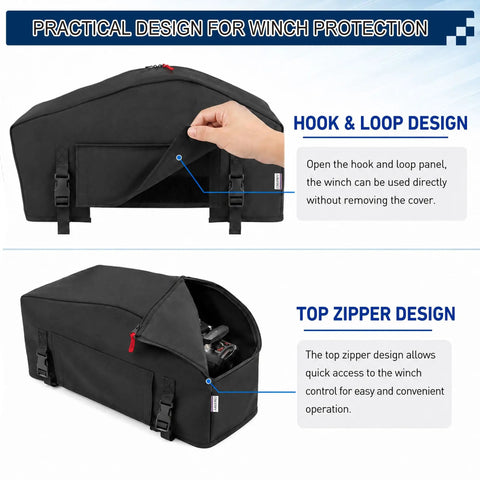 Cool Covertify Heavy Duty Winch Cover With Buckle, 600D Oxford Fabric Waterproof, showing hook and loop and top zipper designs.