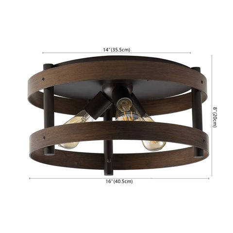 Dark Brown Wood And Oil Rubbed Bronze Three Light Iron Flush Mount Ceiling Light, Farmhouse Industrial Round Fixture With LED Bulbs Included