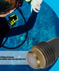Pro-Grade Fast Install Diving Valve Core And Seat System Kit for scuba tanks next to diver underwater in blue ocean background.