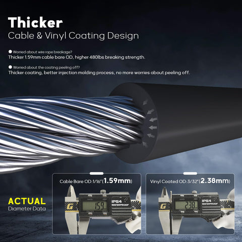Close-up of Vinyl Coated Wire Rope One Sixteenth Inch To Three Thirty Second Inch 100 Feet 304 Stainless Steel Cable with measuring details