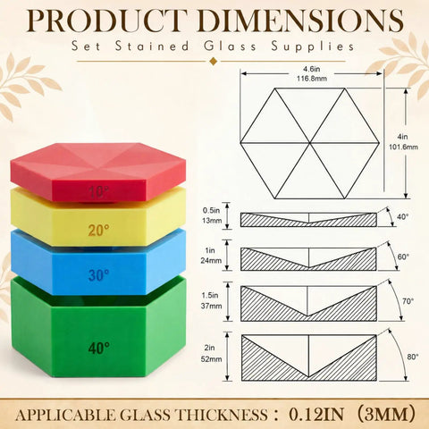 Hella Precise Stained Glass Angle Tool Set For 3D Flower And Succulent Soldering Jig Kit showing color-coded 10, 20, 30, 40 degree molds and dimensions.