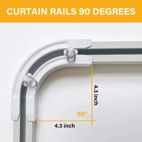 Go-To 90 Degree Curtain Track Bend Connectors for Ceiling and Wall Mounts Black 2 Pack demonstrated in use with dimensions