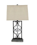 Metal Table Lamp With A Stacked Rectangular Base, Dope Scrollwork, And A Rectangular Shade For Modern Home Decor