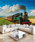 Self Adhesive Train Wall Mural With Steam Locomotive Design, Dope 3D Depth Embossed Texture, Big 12Ft By 8Ft Wallpaper Backdrop