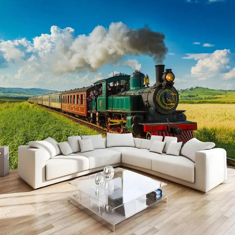 Self Adhesive Train Wall Mural With Steam Locomotive Design, Dope 3D Depth Embossed Texture, Big 12Ft By 8Ft Wallpaper Backdrop