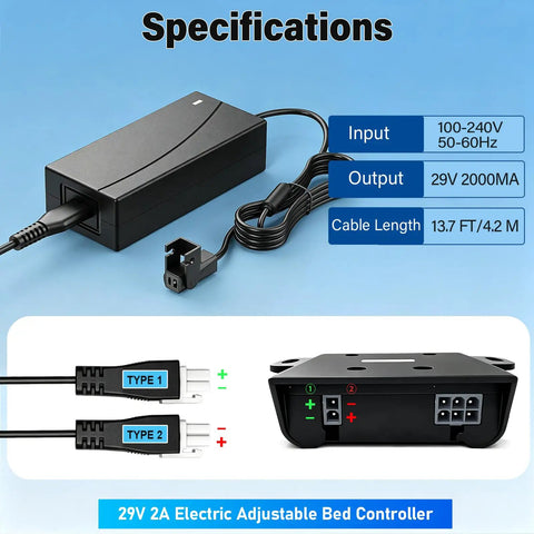 High Tech Adjustable Bed Power Cord Replacement For Tempurpedic Plus Other Brands, stable 29V 2A 58W adapter and connectors.