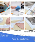 TOUSEA waterproof sealing caulk tape, self-adhesive white sealant strip; six-step installation guide for bathroom and kitchen.