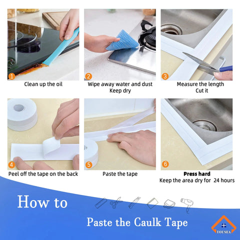 TOUSEA waterproof sealing caulk tape, self-adhesive white sealant strip; six-step installation guide for bathroom and kitchen.