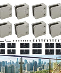 Heavy Duty 316 Glass Clamps 8 Pack For 8-12mm Glass, 1.8 Inch Square Brackets with accessories, skyline and balcony view.