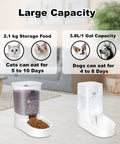 Straight Up Gravity Dog And Cat Feeder Set With Auto Water Dispenser And Leak Proof Basin Plus Wide Flow Spout One Gallon Capacity showing 2.1 kg food storage for cats and 3.8L water capacity for dogs.