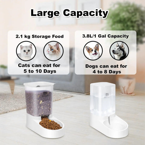 Straight Up Gravity Dog And Cat Feeder Set With Auto Water Dispenser And Leak Proof Basin Plus Wide Flow Spout One Gallon Capacity showing 2.1 kg food storage for cats and 3.8L water capacity for dogs.