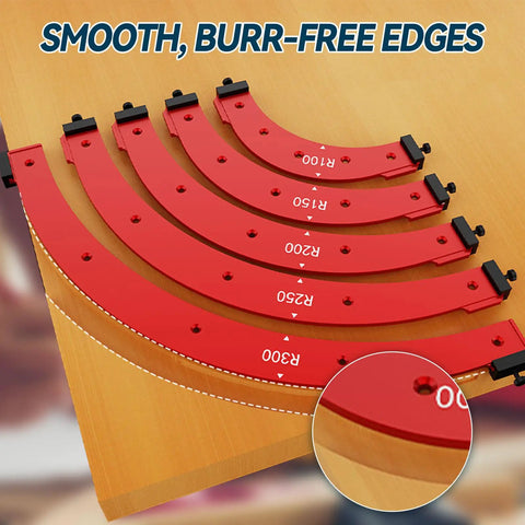 Hella Precise Pro Grade Aluminum Router Corner Radius Template Set Built For Seamless Cabinet Edge Molding, showing 5 red templates.