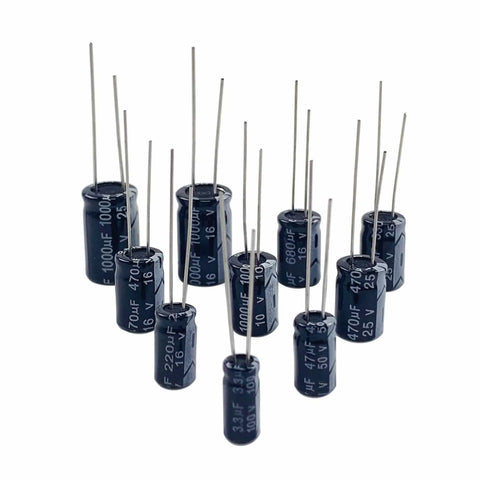 Assorted electrolytic capacitors from Electrolytic Capacitor Kit With 800 Pieces, 40 Capacitor Values From 0.1uF To 1000uF, 10V 16V 25V 50V 100V