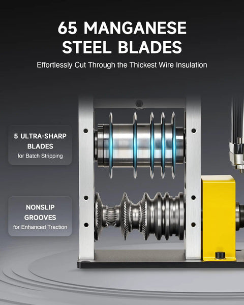 Close-up of 180W Automatic Wire Stripper Machine with five steel blades for scrap wire stripping.