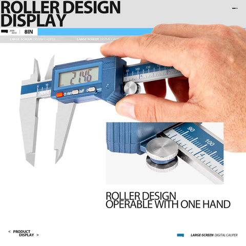 Hand using 8 Inch Digital Caliper IP54 Stainless Steel Water Resistant With Large LCD Display, Pro Grade Inch Metric Fraction Switch