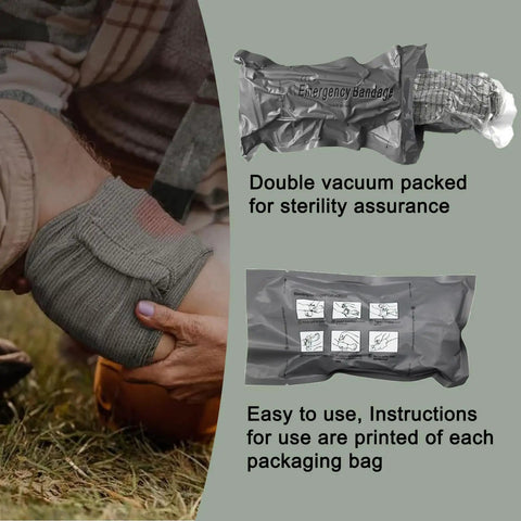 6 Inch Emergency Trauma Bandage 4 Pack For Bleeding Control showing vacuum-sealed package and usage instructions on bag