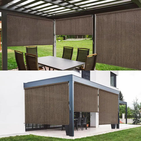 Outdoor Cordless Roller Sun Shade 6 Foot Wide By 8 Foot High Mocha For Patio Porch Pergola Backyard Privacy shade installed on pergola