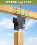 Illustration of a Beefed Up Heavy Duty 4x4 Post Caps Tie Brackets Actual 3.5 by 3.5 Inches 4 Pack Galvanized Steel Pergola Connector Brackets for Wood Posts Gazebo and Deck Beams Black Finish shown connecting wood posts.