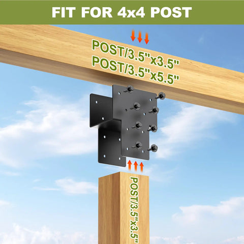 Illustration of a Beefed Up Heavy Duty 4x4 Post Caps Tie Brackets Actual 3.5 by 3.5 Inches 4 Pack Galvanized Steel Pergola Connector Brackets for Wood Posts Gazebo and Deck Beams Black Finish shown connecting wood posts.