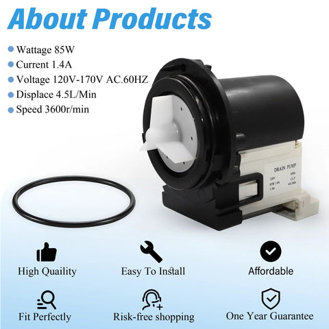 Washer drain pump motor, front view; black housing, white impeller, includes O-ring for Kenmore/LG washers