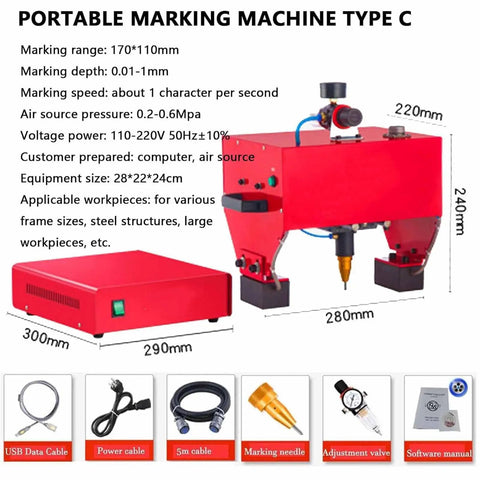 Heavy Duty Pneumatic Dot Peen Marking Machine And Portable Metal Engraver for marking steel and aluminum, size 280mm x 240mm.