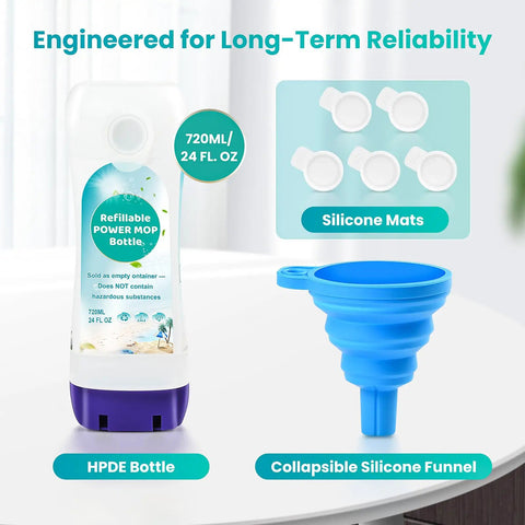 Leak Resistant Refillable Bottle For Swiffer Power Mop 720 ML No Fuss Fit Grab And Go Spill Proof Refills Easy To Use Cuts Down Refills Durable BPA Free Container For Cleaner Mopping. 720ml HPDE bottle with silicone funnel and mats