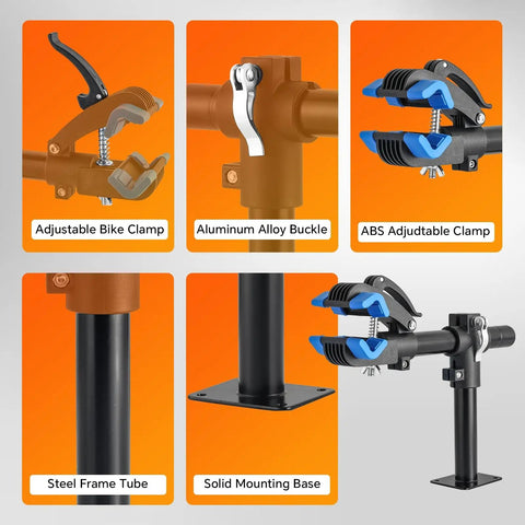 Components of Heavy Duty Bike Repair Stand Bench Mount for Road and Mountain Bikes Adjustable Work Stand with Non Slip Silicone Clamp Built To Last Sturdy Steel Frame Four Hole Mounting Flange Home Bike Maintenance Rack