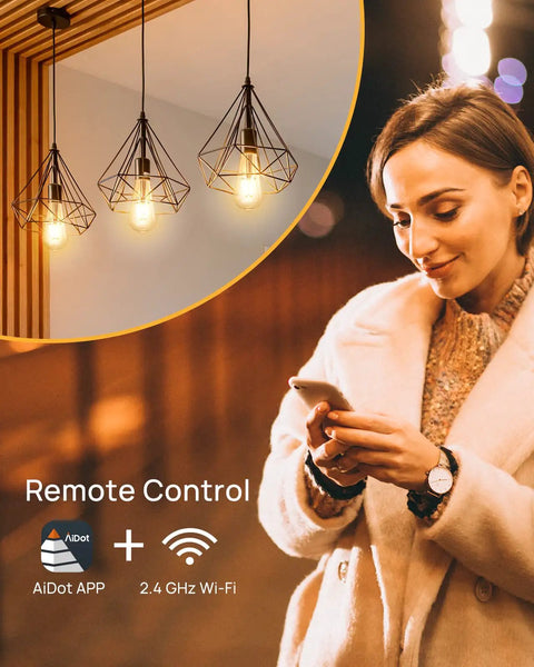 Smart Edison Bulbs WiFi LED E26 Dimmable ST64 Vintage Filament Light Bulb 45W Equivalent 2200K Soft White 350lm in pendant lights over a woman using a smartphone.