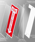 Eight Pack Fire Extinguisher Signs Made From Rust Free Aluminum Reflective 4x12 Inch Laminated For Ultimate UV Weather Scratch Water And Fade Resistance Indoor And Outdoor Use No Brainer For Quick Fire Extinguisher Location showing layer composition with UV protection and adhesive coating.