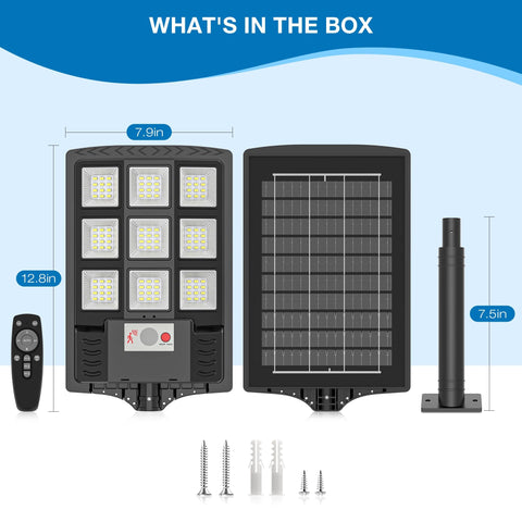 IP66 Waterproof Solar Street Lights With Motion Sensor And Remote, components including panel, LED lights, remote, and fixtures