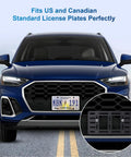 Front License Plate Bracket Holder With Two Drill Mount Holes Universal Bumper Car Tag Frame Mounting Kit installed on blue SUV