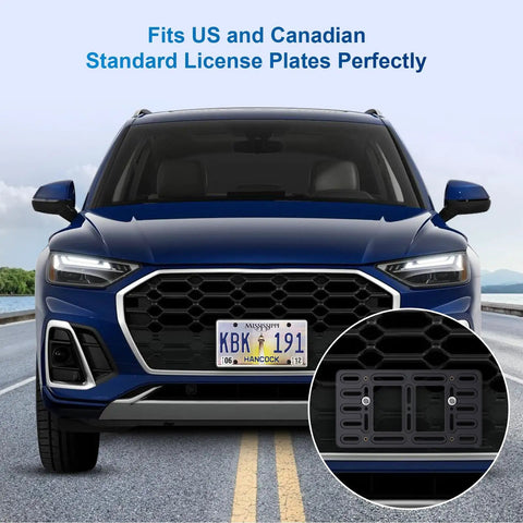 Front License Plate Bracket Holder With Two Drill Mount Holes Universal Bumper Car Tag Frame Mounting Kit installed on blue SUV