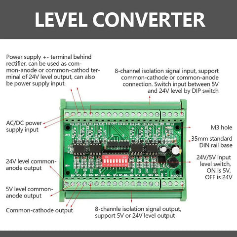 Diagram of Eight Channel Level Converter Module 5V to 24V and 24V to 5V NPN PNP to NPN Translator for PLC MCU Interfaces