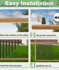Easy installation steps for Top Shelf 100 Pack 26 Inch Black Aluminum Deck Balusters with connectors and railings.