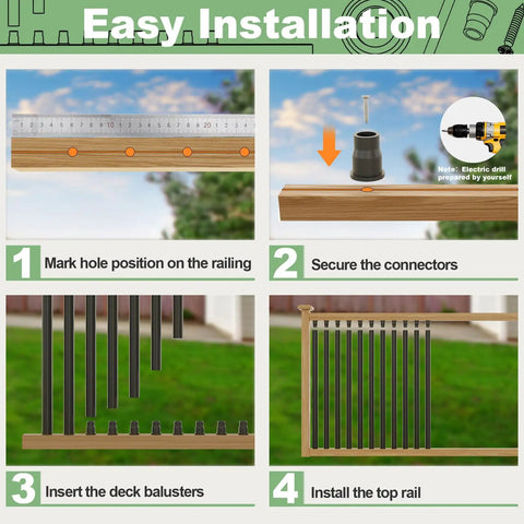 Easy installation steps for Top Shelf 100 Pack 26 Inch Black Aluminum Deck Balusters with connectors and railings.