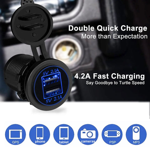 Heavy Duty 12V Usb Adapter With Dual 2.1A Fast Charge Ports And Glowing Blue Led Light waterproof plug for car and truck.