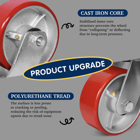 Close-up of 5x2 inch red polyurethane-tread swivel caster wheel with metal hub and mounting plate (set of 4)