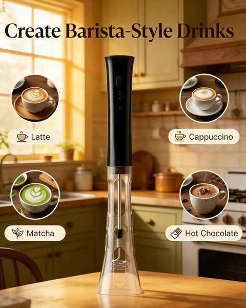 Hands Free Milk Frother Wand With Stand Low Noise Rechargeable Electric Frother With Stainless Steel Shaft For Stable Frothing Anti Accidental Start Design Double Coil Whisks For Creamy Coffee Froth in a kitchen setting with latte, cappuccino, matcha, and hot chocolate options.