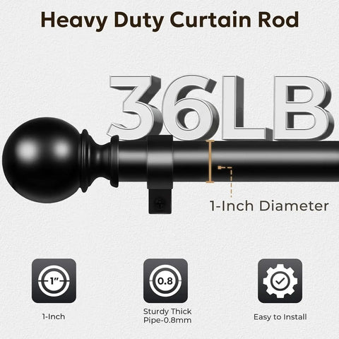Heavy Duty 1 Inch Black Curtain Rod Adjustable From 48 To 86 Inches Indoor Outdoor Use Room Divider Modern Drapery Pole With Ball End Caps Durable Steel Pole
